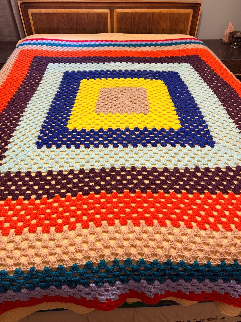 Vintage Handmade Granny Square Afghan 72 x76 Queen Full Bright Bold Colors